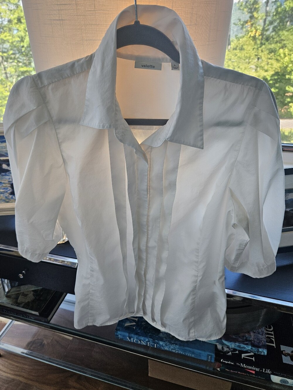 Valette White Pintuck Short Sleeve Collared Blouse Large Cotton Rayon NORDSTROM